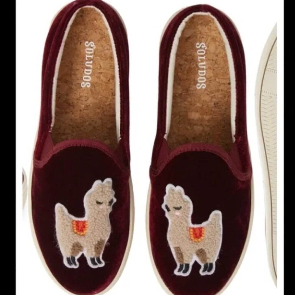 Soludos Burgundy Velvet Llama Slip-On Shoes Comfort Cute Flats Size 8.5 Women's